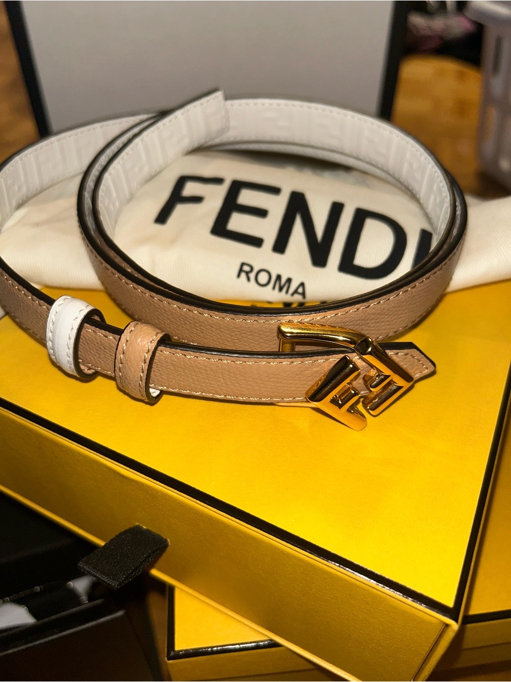 Fendi Beige and White Leather Slim Belt with Gold Double-F Logo